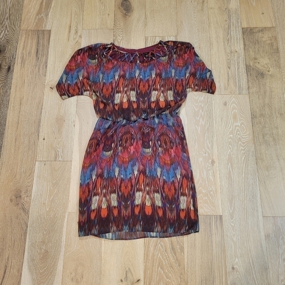 Ronni Nicole Abstract Print Dress Brown Blue‎ Orange Short Sleeve Casual Mini 6 - Picture 4 of 9